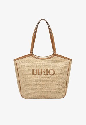 Bolso tote beige tejido con ribetes y asas de cuero marrón, con el nombre de la marca "LIU JO" grabado en relieve en el centro delantero.