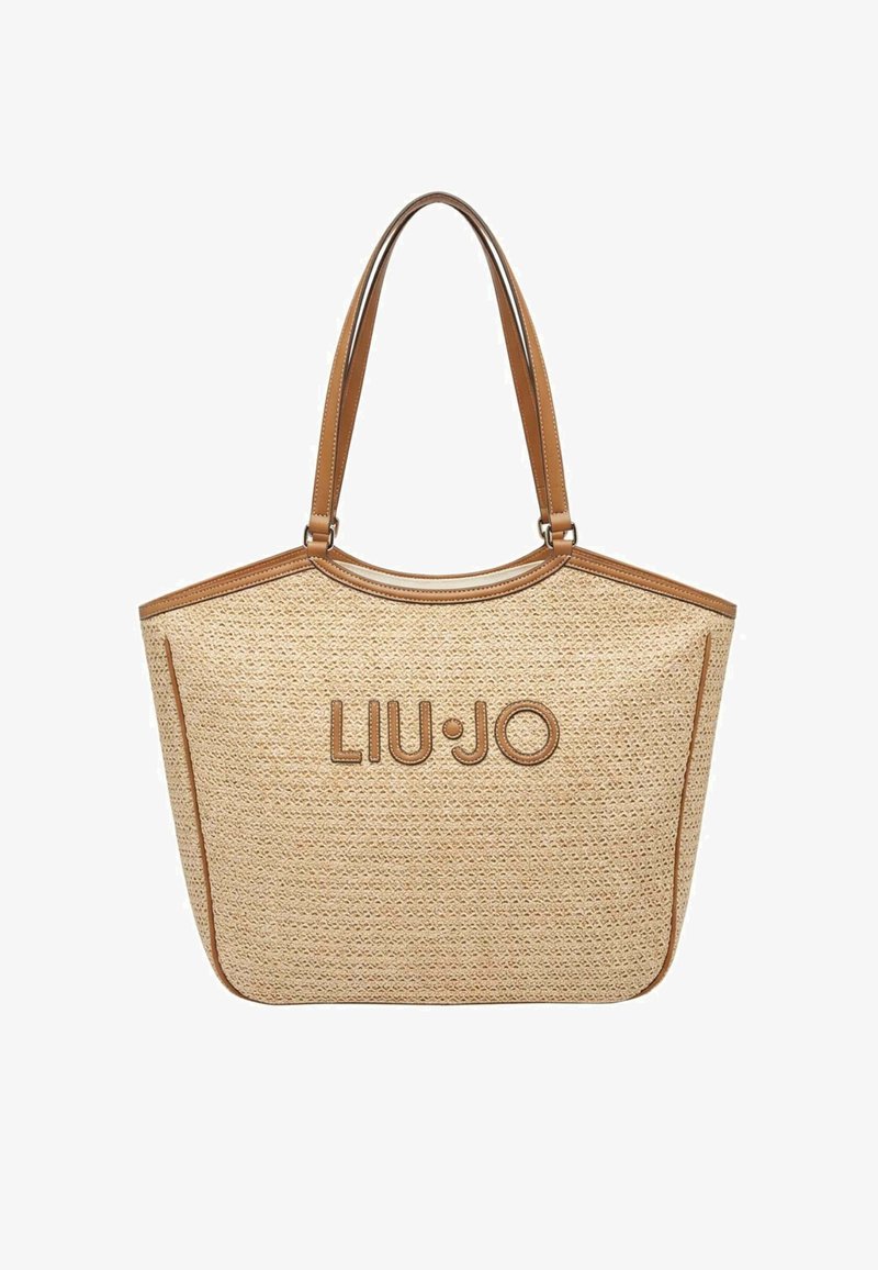 Sac fourre-tout tissé beige avec garniture et poignées en cuir marron, avec le nom de la marque « LIU JO » embossé au centre devant.