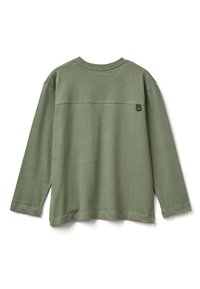 Tričko s dlouhým rukávem v olivově zelené barvě, vyrobené z jemné bavlny. Obsahuje horizontální šev přes záda a malou nášivku loga na boku.