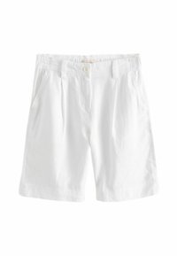 Pantaloni scurți albi din in cu talie elastică, plissare în față și buzunare laterale. Design clasic, textură ușoară.