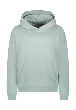 Licht mintgroene hoodie van zacht katoenmateriaal. Voorzien van een kangoeroezak, geribde manchetten en een capuchon met trekkoord. Eenvoudig, casual ontwerp.