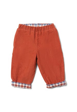 Rust-colored corduroy pants with a relaxed fit, cuffed hems featuring a blue and white checkered pattern. Elastic waistband for comfort.