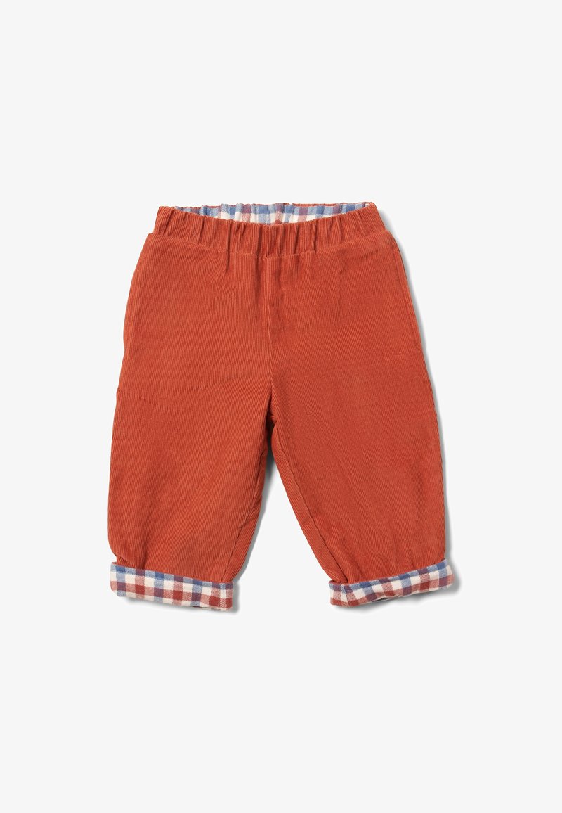 Rust-colored corduroy pants with a relaxed fit, cuffed hems featuring a blue and white checkered pattern. Elastic waistband for comfort.