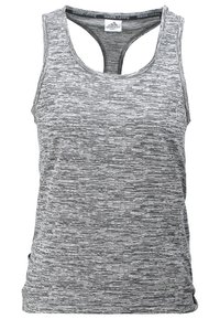 Débardeur sportif gris en tissu texturé avec un motif chiné, présentant un design dos nageur et un petit logo à l'ourlet.