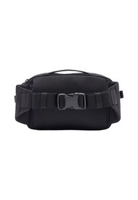 Borsa a vita nera realizzata in tessuto testurizzato con un design perforato. Presenta una cerniera centrale e una chiusura con una robusta fibbia in plastica.