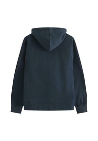 Ciemnoniebieska bluza z kapturem z długimi rękawami i ściągaczami, pokazana z tyłu na białym tle.