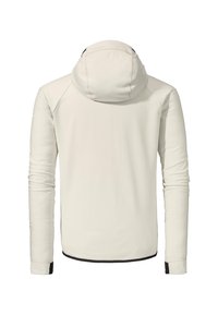 Helle cremefarbene Jacke mit Kapuze, langen Ärmeln, glatter Textur und schwarzen Akzenten an den Bündchen und dem Saum. Rückansicht angezeigt.