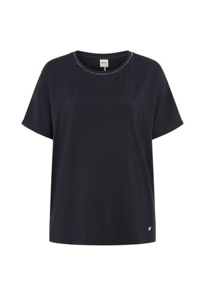 Zwart T-shirt met korte mouwen en een ronde halslijn, voorzien van een subtiele kralenrand en een klein merklogo vlak bij de onderzoom.