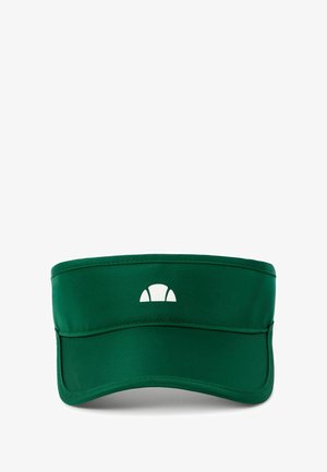 Green visor with a smooth fabric texture, featuring a white logo on the front and a curved brim for sun protection.