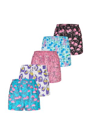 Fünf Paar farbige Herrenboxershorts mit elastischen Taillenbändern, jeweils mit verschiedenen Tiermustern, darunter Flamingos, Dinosaurier und Vögel.