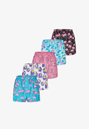 Fünf Paar farbige Herrenboxershorts mit elastischen Taillenbändern, jeweils mit verschiedenen Tiermustern, darunter Flamingos, Dinosaurier und Vögel.