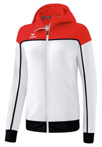 Rood en witte capuchonjack met ritssluiting en zwarte accenten; heeft een logo op de borst, zijzakken en geribbelde manchetten en onderrand.