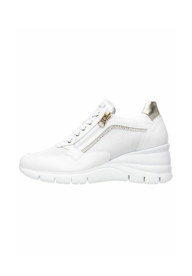 White sneaker with a mesh upper, wedge sole, metallic accents, and zipper detail on the side. Features a lace closure and textured materials.