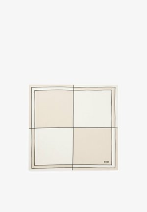 Kvadratisk tørklæde opdelt i fire beige og off-white sektioner med tynde sorte gitterlinjer og et lille "BOSS" logo i nederste højre hjørne.
