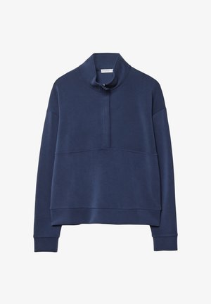 Mørkeblå langærmet pullover med høj krave og kvart lynlås, med afslappet pasform og ribbede manchetter og kant.