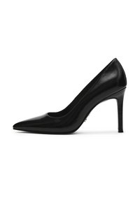 Escarpins noirs en cuir verni à bout pointu avec une finition brillante, une silhouette élégante et un talon aiguille fin.