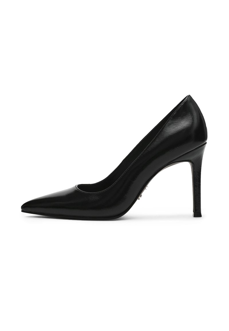 Escarpins noirs en cuir verni à bout pointu avec une finition brillante, une silhouette élégante et un talon aiguille fin.
