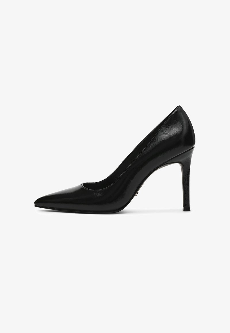 Escarpins noirs en cuir verni à bout pointu avec une finition brillante, une silhouette élégante et un talon aiguille fin.