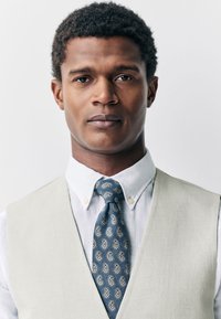 Gilet gris clair sur une chemise blanche, complété par une cravate en paisley bleu. Texture lisse, coupe ajustée et motifs distincts sur la cravate.