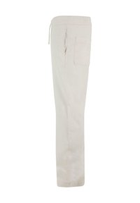 Pantalon beige clair à jambes droites avec une taille élastique, un cordon de serrage, une poche latérale et une poche plaquée arrière, vu de profil.