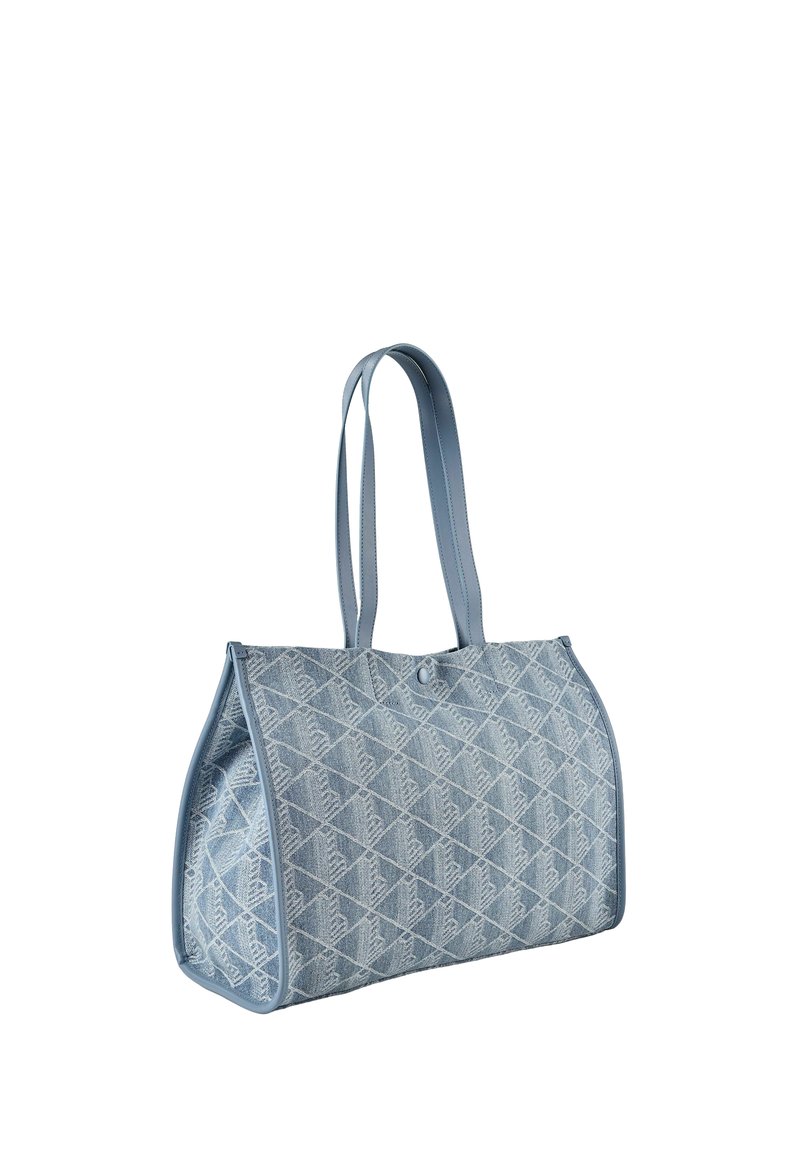 Borsa tote azzurro chiaro con motivo trapuntato a diamante e due manici lunghi, forma rettangolare con chiusura a bottone in alto.