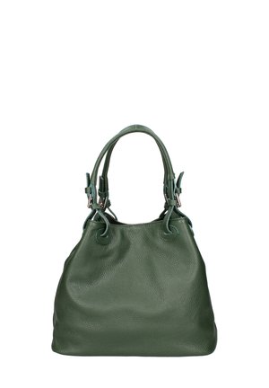 Borsa a tracolla verde in pelle con finitura testurizzata, apertura arricciata e doppi manici. Presenta hardware in tonalità argento e un design spazioso.