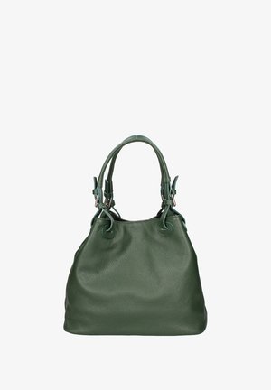 Groene leren handtas met een textuurafwerking, een aangesnoerd bovenkant en dubbele handvatten. Voorzien van zilverkleurige accenten en een ruime indeling.