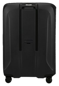 Black hard-shell suitcase with a textured surface, two smooth wheels, and a retractable handle. Features vertical grooves on the front.