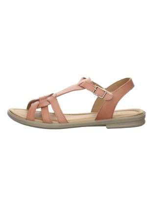 Tan leather sandal with multiple straps, open toe design, adjustable strap with buckle, and a flat, light-colored sole.
