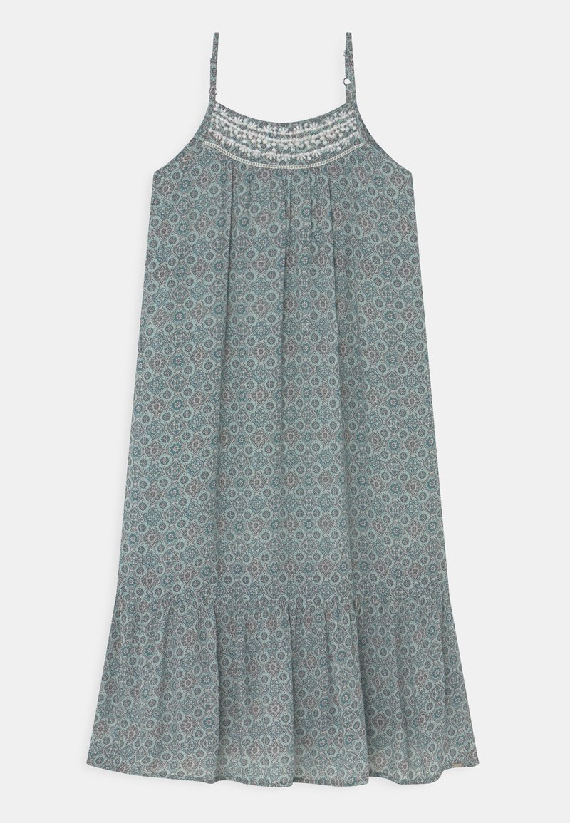 Robe midi sans manches avec fines bretelles, arborant un motif géométrique bleu sarcelle et gris et un ourlet à volants.