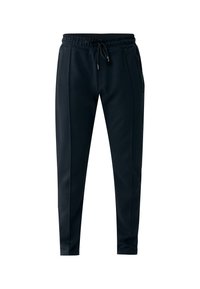 Pantalones de chándal azul marino hechos de tela suave, con cinturilla elástica y cordón, bolsillos laterales y un diseño de pierna ajustada.