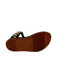 Sandal black con cinturino intrecciato colorato. Presenta una suola in gomma marrone texturizzata con un motivo geometrico e logo in rilievo.
