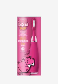 Pink silicone sonic toothbrush with a textured handle, featuring a cartoon hippo illustration and packaging details like battery life and age range.