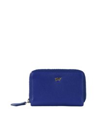 Portafoglio in pelle blu con finitura testurizzata, chiusura a zip e un piccolo logo metallico sulla parte anteriore. Forma compatta e rettangolare.
