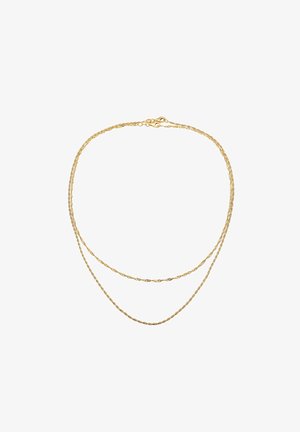 Collier en métal doré comportant deux brins entremêlés avec un design torsadé. Fermoir mousqueton sécurisé. Surface lisse et brillante.