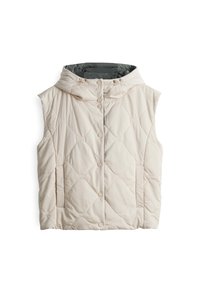 Beige gesteppte Weste mit Kapuze, mit einem gesteppten Muster, vorderem Knopfverschluss und Seitentaschen, aus leichtem, glattem Material.