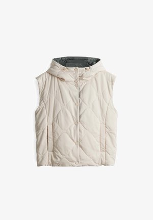 Gilet imbottito beige con cappuccio, caratterizzato da un motivo trapuntato, chiusura frontale a bottoni e tasche laterali, realizzato in materiale leggero e liscio.