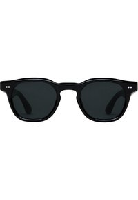 Ochelari de soare din plastic negru cu lentile întunecate, formă pătrată și două puncte albe pe marginile exterioare ale ramei.