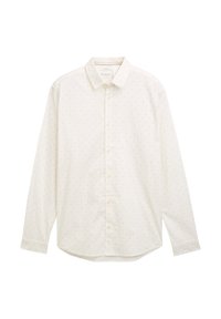 Langarm-Hemd aus cremefarbenem Stoff mit einem dezenten Punktmuster, spitzem Kragen und geradem Saum in lockerer Passform.