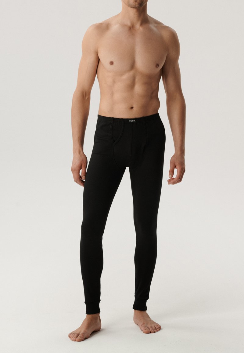 Czarne długie bielizna wykonana z elastycznego materiału, z regularnym paskiem w pasie z logo, dopasowany krój oraz prążkowane mankiety na kostkach.