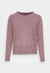 Neulepaita pehmeässä mauve-värissä, jossa on pyöreä kaula-aukko, pitkät hihat ja teksturoitu, hieman väljä istuvuus. Ei kuvioita tai koristeita.