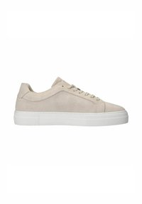 Beige suede sneaker with a rounded toe, flat white sole, and simple lace-up design. Smooth texture with minimal accents and details.