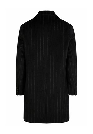 Juodas vilnos mišinio dvigubos sagos paltas su baltais dryžiais, plačiu apykakle, ilgomis rankovėmis ir dviem šoninėmis kišenėmis. Lygus paviršius su pritaikytu siluetu.