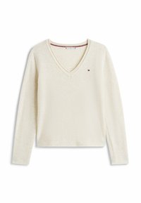 Crèmekleurige lange mouw trui met V-hals, geribbelde details op de schouders en een klein Tommy Hilfiger logo op de linkerborst.