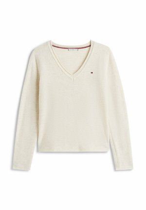 Maglione a maniche lunghe color crema con scollo a V, dettagli a coste sulle spalle e piccolo logo Tommy Hilfiger sul lato sinistro del petto.