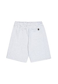 Svetlosivé bavlnené šortky s elastickým pásom, s jednou zadnou vreckou a malou nášivkou loga na zadnej strane. Hladká textúra.