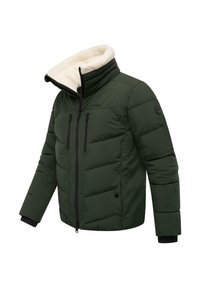 Tamsiai žalia pūkinė striukė su kreminės spalvos fleecu išklota apykakle, užtrauktuko priekyje ir dviem krūtinės kišenėmis. Tekstūruotas, paminkštintas dizainas ir elastingos rankogaliai.