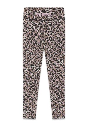 Leggings à imprimé léopard en beige, noir et rose, avec petits logos GUESS et nom de marque GUESS rose sur la ceinture.