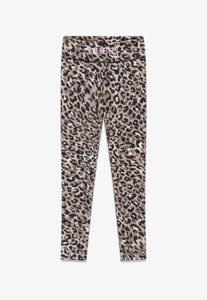 Leggings à imprimé léopard en beige, noir et rose, avec petits logos GUESS et nom de marque GUESS rose sur la ceinture.