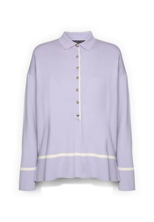 Langærmet strikket polo i lilla med krave, syv knapper foran og kontrasterende hvid kant på manchetterne og nær kanten.